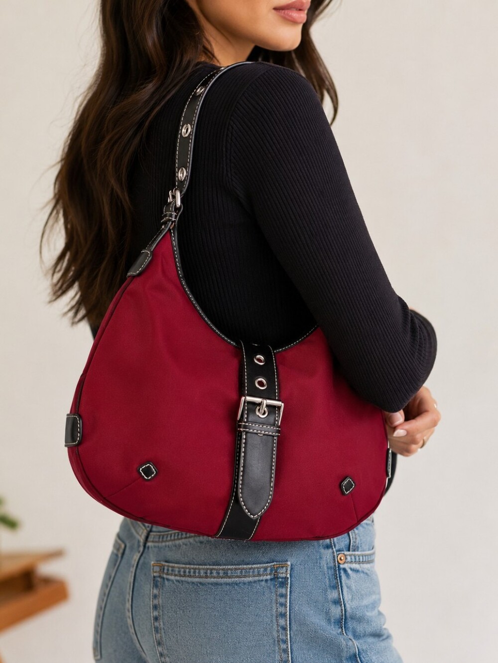 Sondra Roberts Red & Black Hobo Shoulder Bag | Buckle Accent Purse NWOT